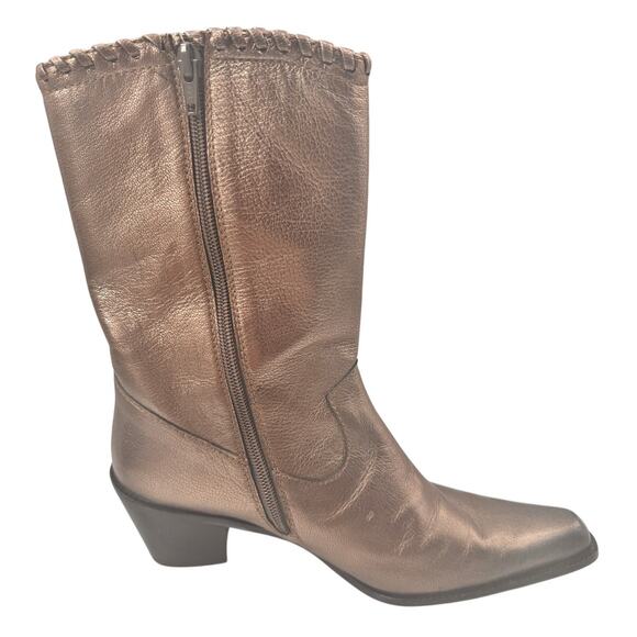 Stuart Weitzman Gold Leather Cowboy Boot 7 M Whipstitch Coastal Cowgirl Designer - Picture 4 of 16